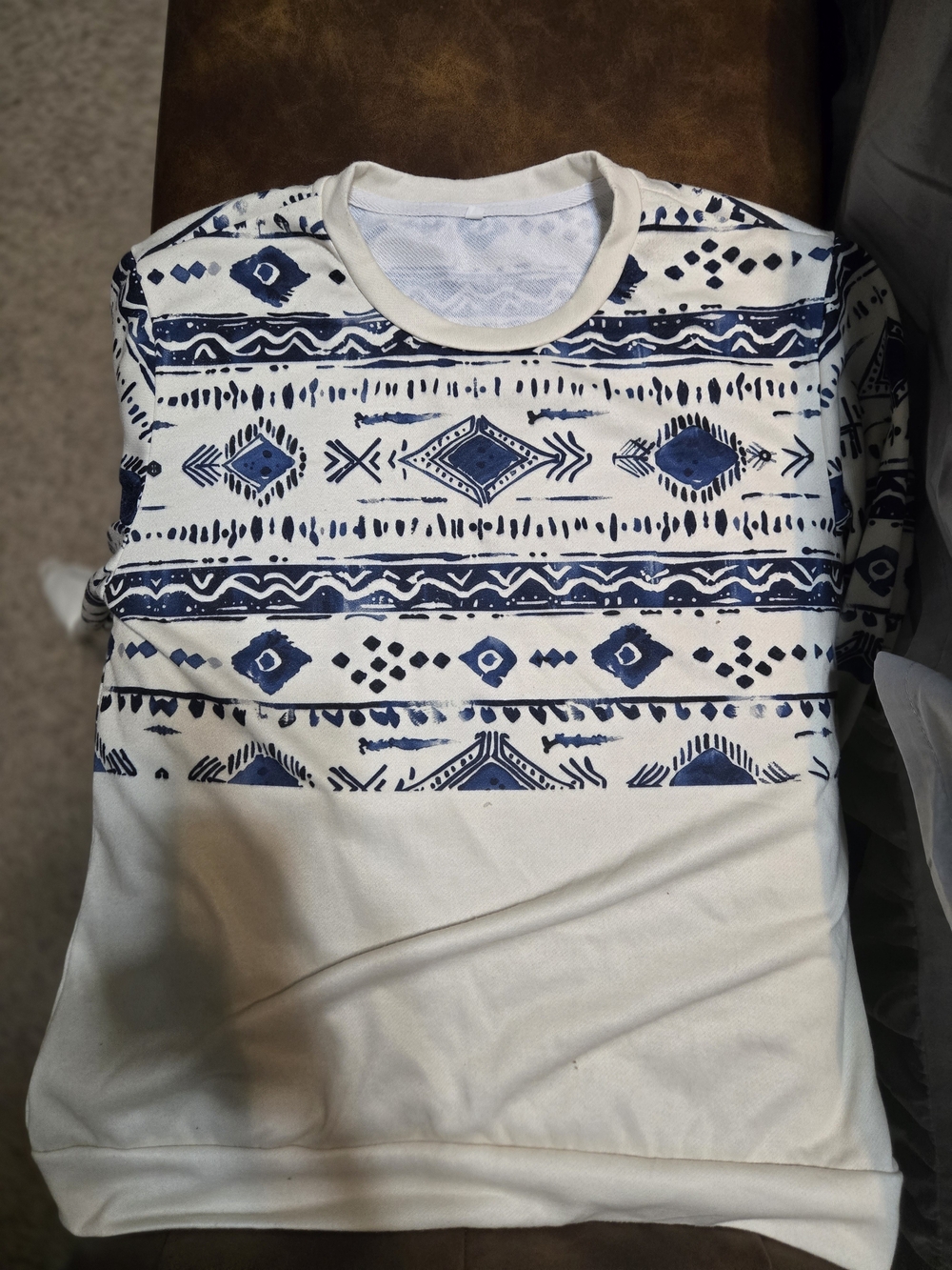 White Crewneck Sweatshirt with Navy Aztec Print